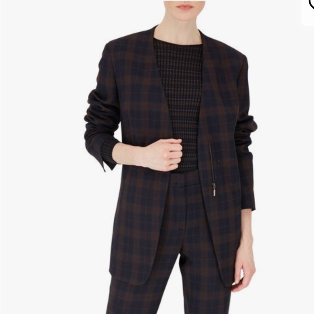 Akris Womens Navy & Brown Plaid Zip Front Collarless Jacket Blazer. Size 10/12